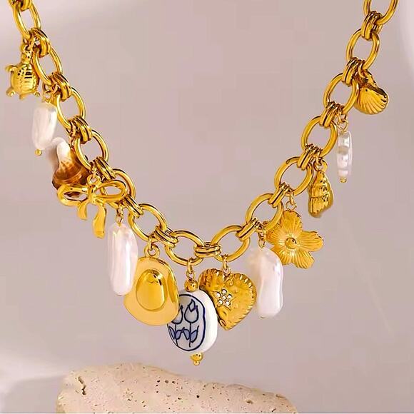 Stainless Steel Vintage Charm Necklace Gold Plated choker Multi-charm Shell S… - Picture 1 of 5